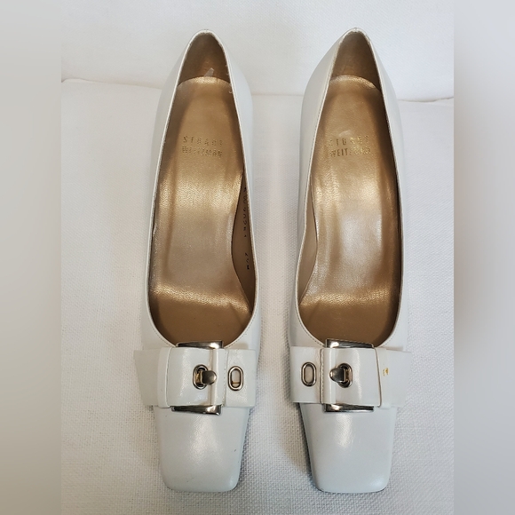 Stuart Weitzman oyster white leather square toe heels w/ buckle detail SZ 6 1/2 - Picture 3 of 9